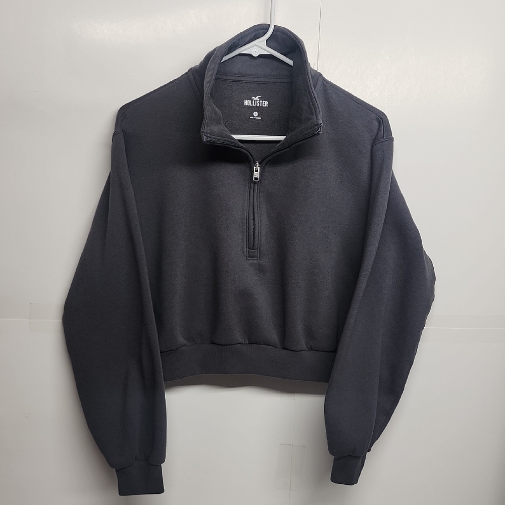 Hollister Charcoal Super Soft Quarter-Zip Cropped Pullover Sweatshirt Size S